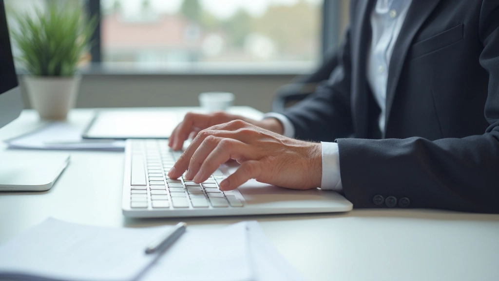 Closeup van handen die op toetsenbord typen, kantoor setting met documents naast elkaar