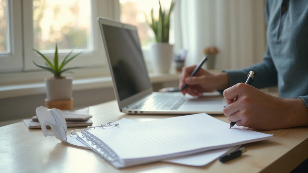 Kantoor werkplek met notitieblok, pen en laptop op minimalistisch bureau, natuurlijke verlichting, professionele sfeer
