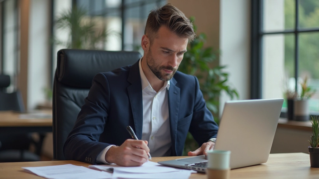 Professionele man zittend aan bureau met laptop, aantekeningen en koffie, concentratie op gezicht