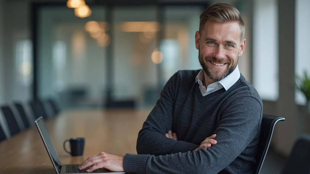 Professionele foto van realistische man, gekleed in donkergrijze trui, zittend in moderne vergaderzaal met laptop, zelfverzekerde houding, heldere kantoor verlichting, onscherpe achtergrond met teamleden