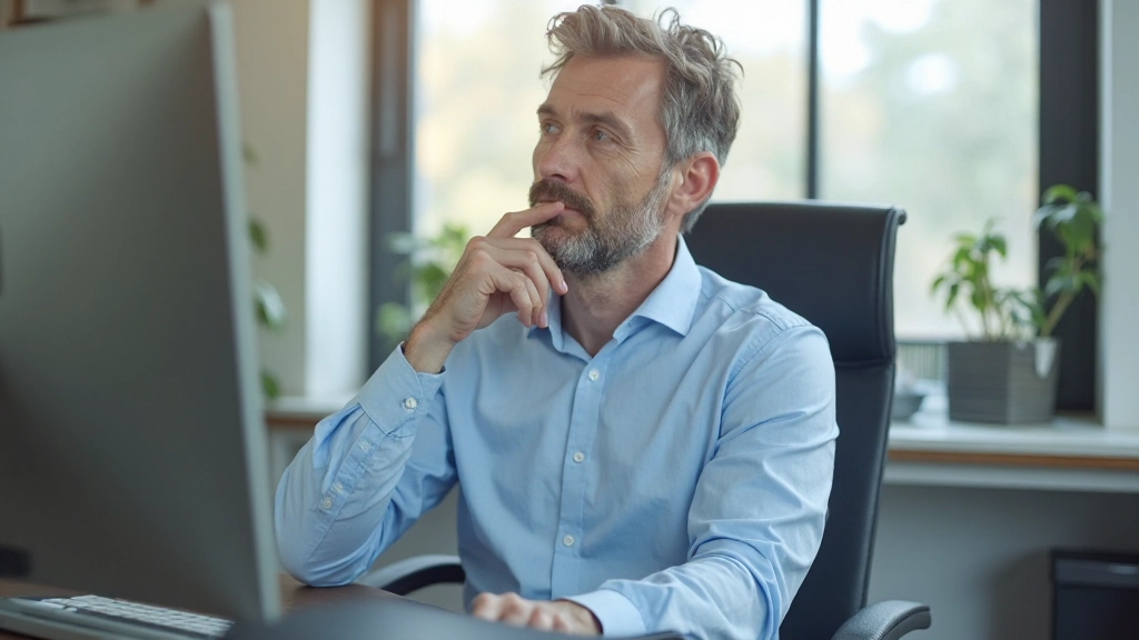 Professionele foto van realistische man, gekleed in lichtblauw overhemd, zittend in ergonomische stoel aan bureau, denkende pose hand aan kin, concentratie op gezicht, kantoor omgeving met venster op achtergrond
