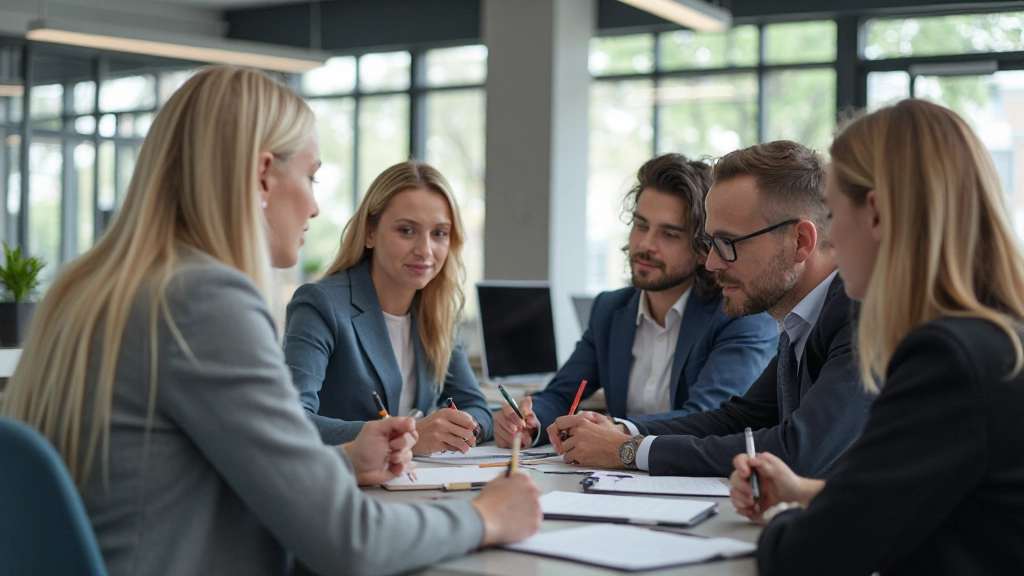 Moderne kantooromgeving met professionals die samenwerken aan communicatieprojecten