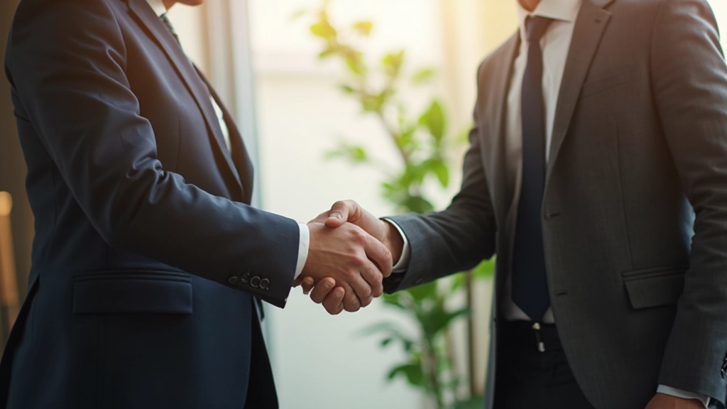 Twee professionals geven elkaar een handdruk in kantoor, moment van akkoord bereikt, professionele sfeer met warm licht