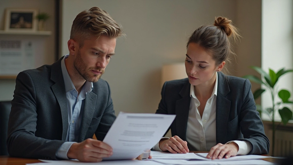 Professioneel kantoor met twee collega's in gesprek, warme verlichting, notities en documenten op tafel