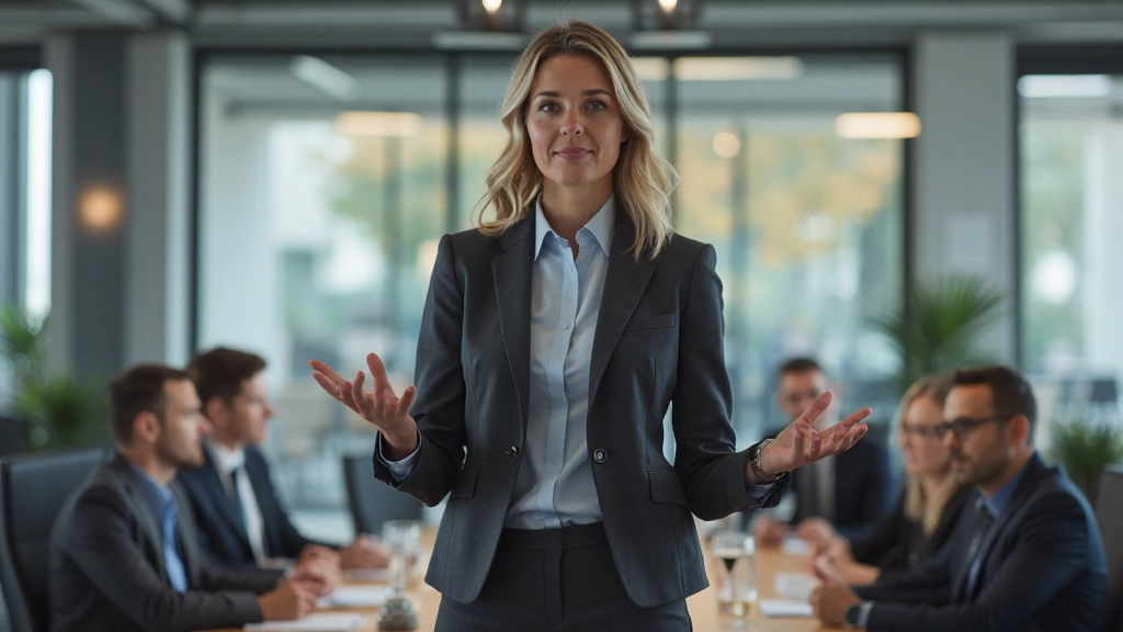 Professionele vrouw in vergadering, aandachtig luisterend naar collega's