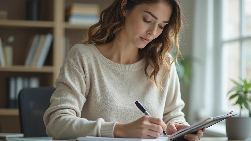 Professionele foto van realistische vrouw, gekleed in casual-business outfit, staand in licht kantoor, schrijvend in notitieblok met pen, gefocuste uitdrukking, werkplek omgeving met boekenplank, zacht natuurlijk licht