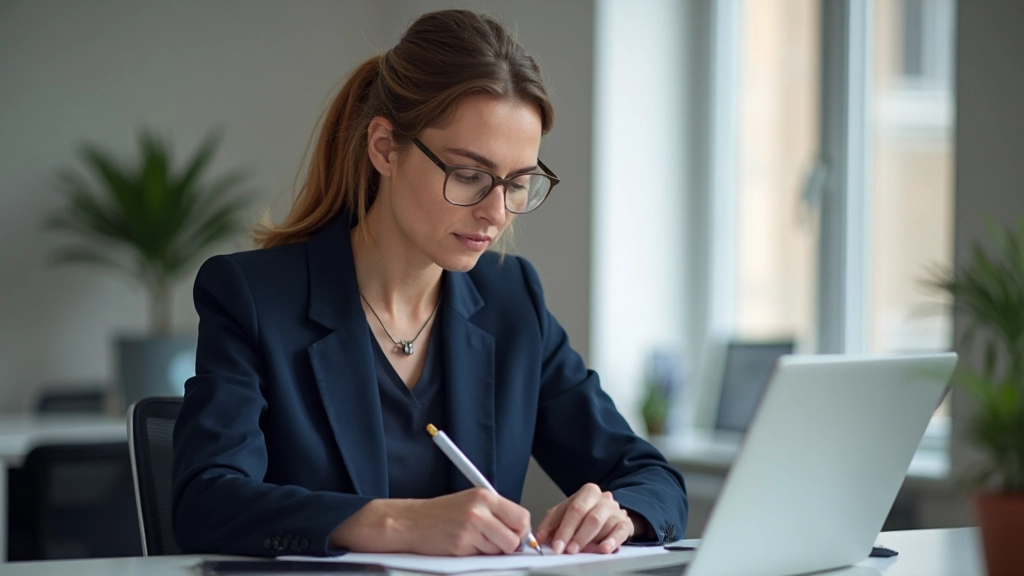 Professionele foto van realistische vrouw, gekleed in moderne blazer, zittend aan bureau met notitieboek, gefocuste blik, moderne kantoor omgeving, natuurlijke verlichting, onscherpe achtergrond