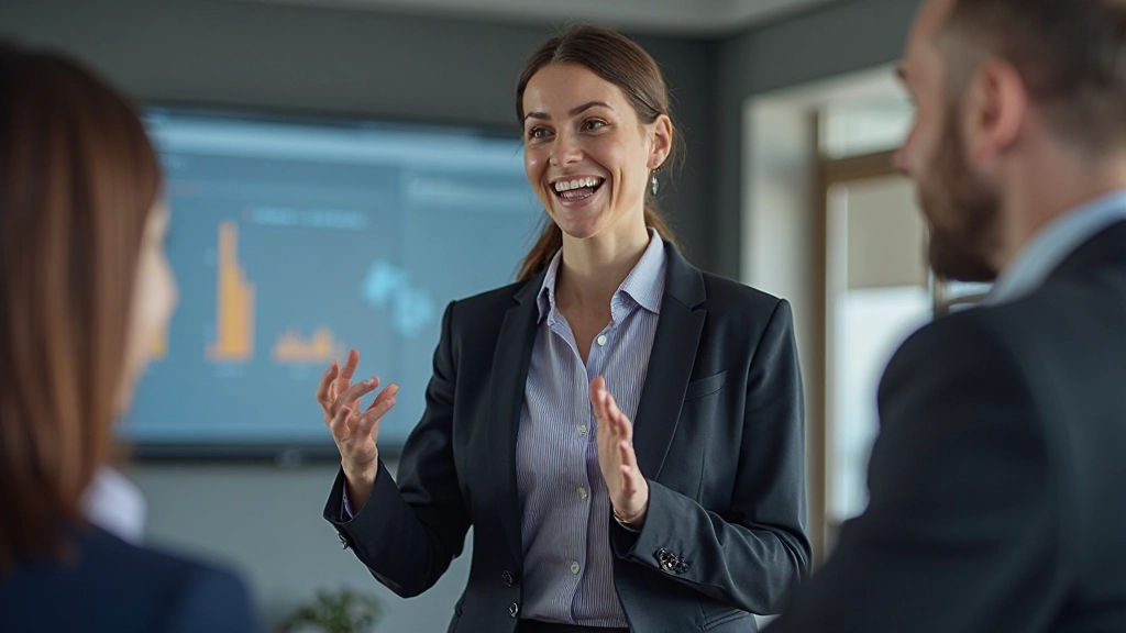 Vrouw presenteert aan kleine groep in modern kantoor, gebaren met passie, scherm op achtergrond toont grafieken, mensen luisteren aandachtig